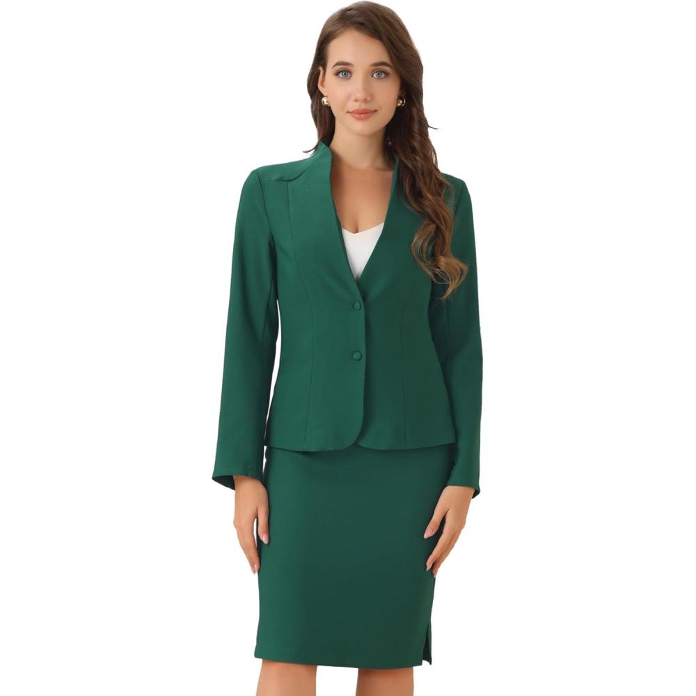 imageAllegra K Suits 2 Piece Skirt Set for Womens Business Office Outfits Collarless Blazer Pencil Skirts Suit SetsGreen