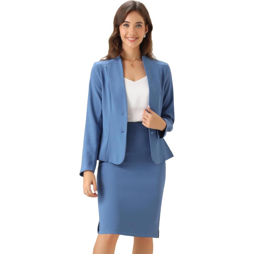 imageAllegra K Suits 2 Piece Skirt Set for Womens Business Office Outfits Collarless Blazer Pencil Skirts Suit SetsGrey Blue