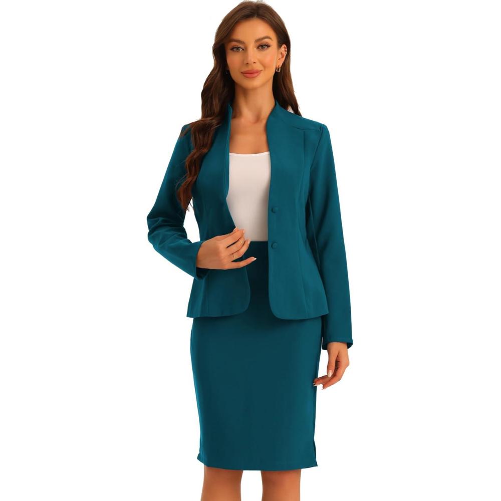 imageAllegra K Suits 2 Piece Skirt Set for Womens Business Office Outfits Collarless Blazer Pencil Skirts Suit SetsLake Blue