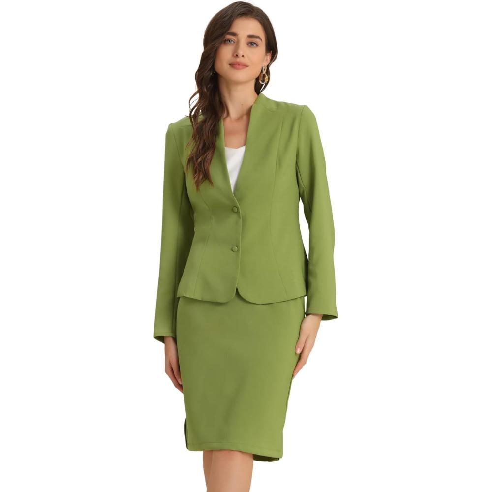 imageAllegra K Suits 2 Piece Skirt Set for Womens Business Office Outfits Collarless Blazer Pencil Skirts Suit SetsOlive Green