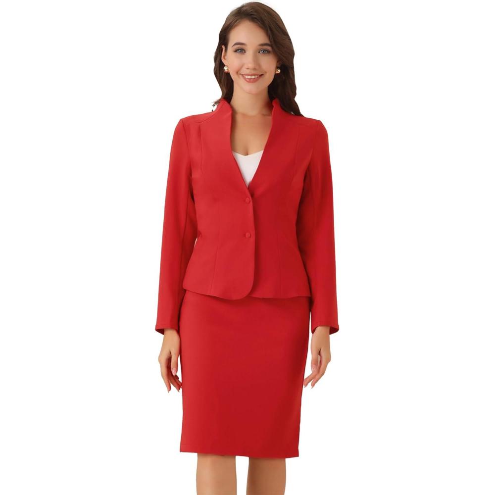 imageAllegra K Suits 2 Piece Skirt Set for Womens Business Office Outfits Collarless Blazer Pencil Skirts Suit SetsRed