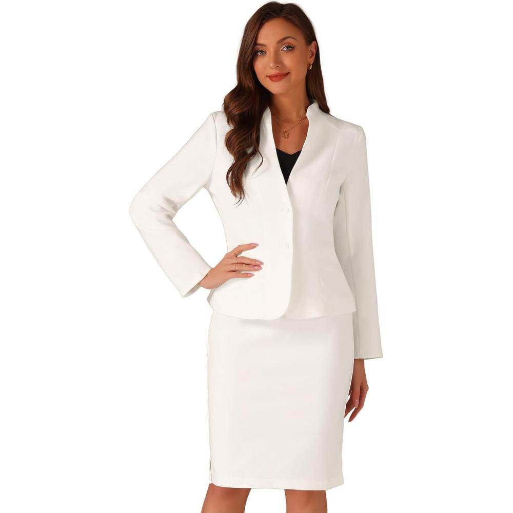 imageAllegra K Suits 2 Piece Skirt Set for Womens Business Office Outfits Collarless Blazer Pencil Skirts Suit SetsWhite