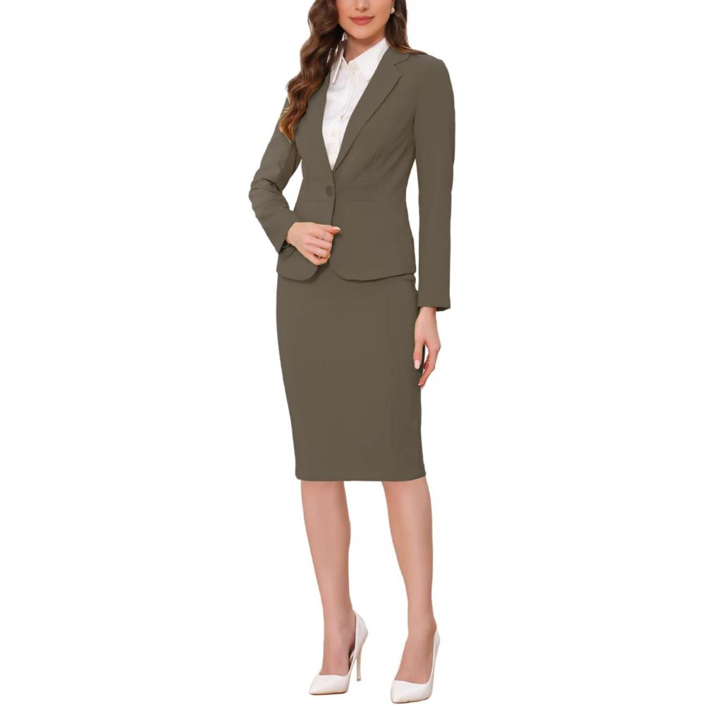 imageAllegra K Womens 2 Piece Skirt Suit Set Business Long Sleeve Blazer and Pencil Skirt OutfitsCoffee