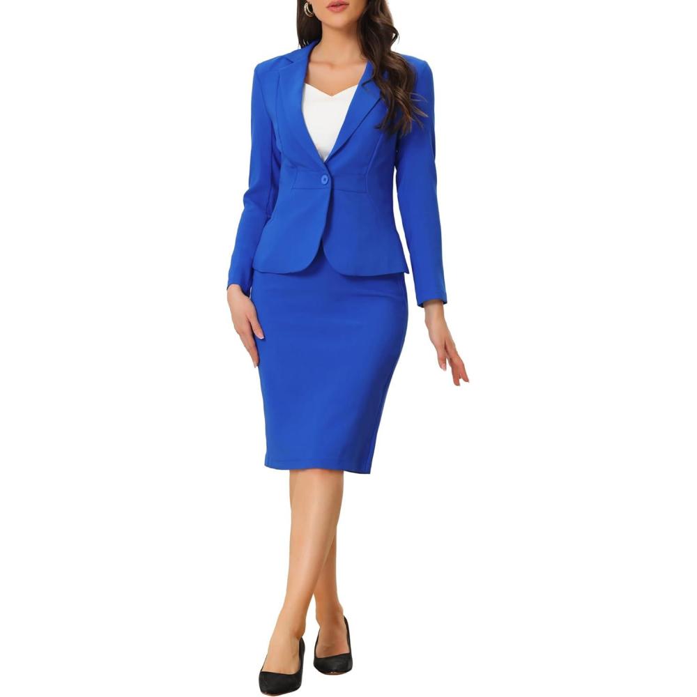 imageAllegra K Womens 2 Piece Skirt Suit Set Business Long Sleeve Blazer and Pencil Skirt OutfitsRoyal Blue