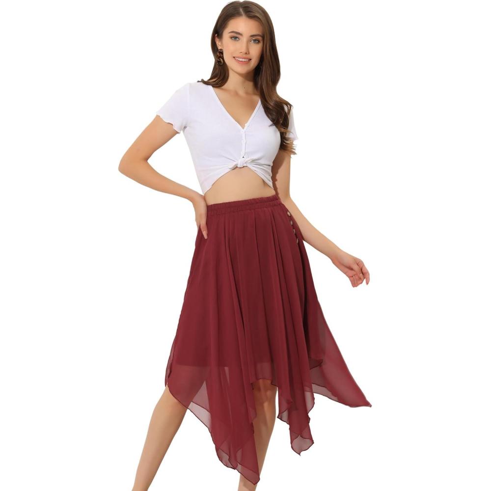 imageAllegra K Womens Asymmetrical Hem Elastic Waist Chiffon Flowy Vintage Handkerchief Hemline Midi SkirtBurgundy
