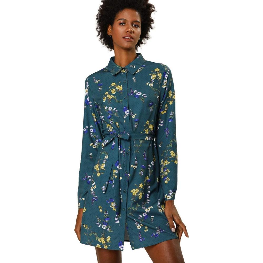imageAllegra K Womens Button Down Vintage Polka Dots Dresses Collar Tie Belted Floral Shirt DressTeal Blue