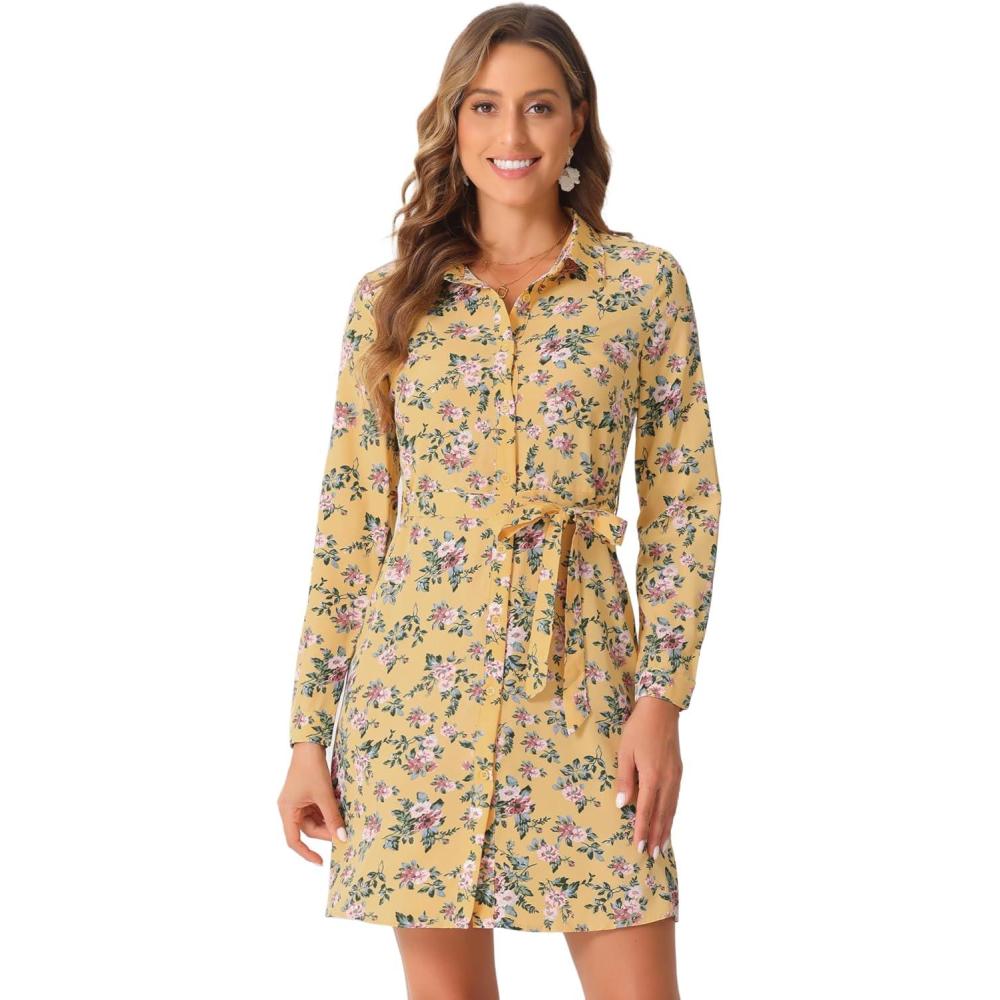 imageAllegra K Womens Button Down Vintage Polka Dots Dresses Collar Tie Belted Floral Shirt DressYellow