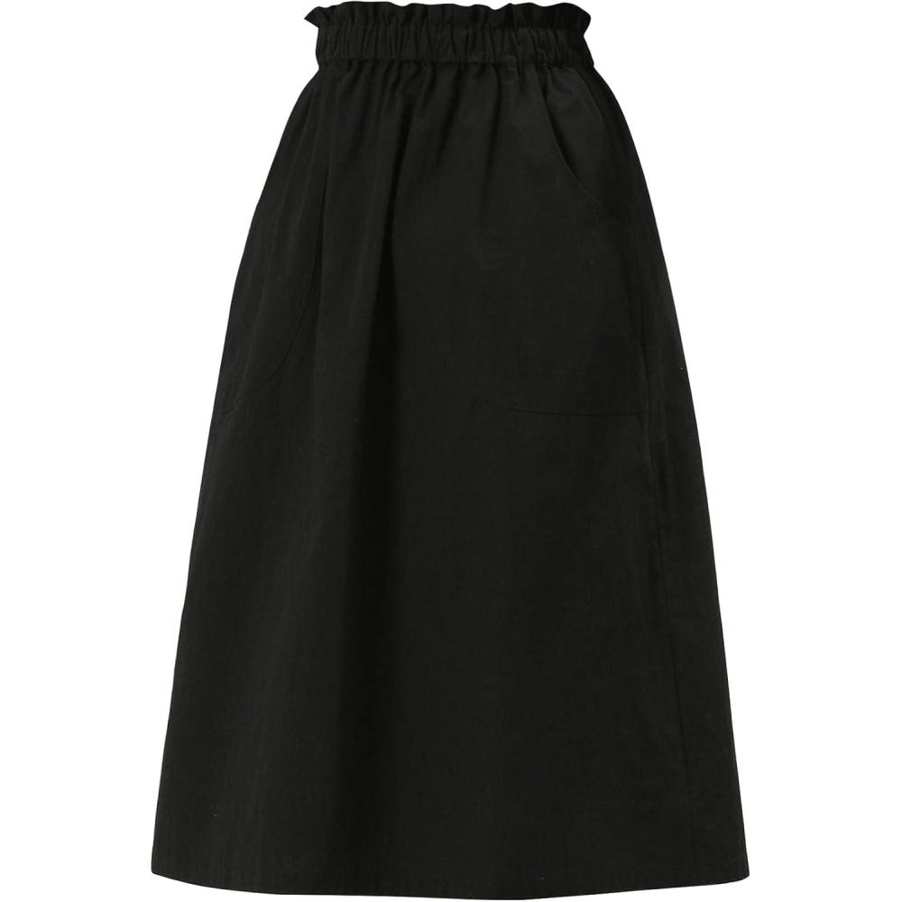 imageAllegra K Womens Cotton ALine Skirt Elastic Waist Casual Peasant Midi Skirts with PocketsBlack