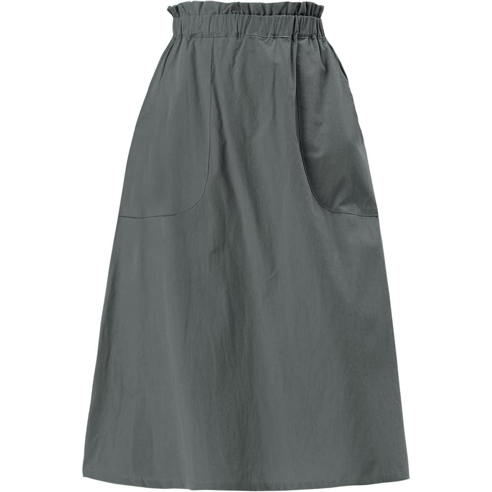 imageAllegra K Womens Cotton ALine Skirt Elastic Waist Casual Peasant Midi Skirts with PocketsDark Gray