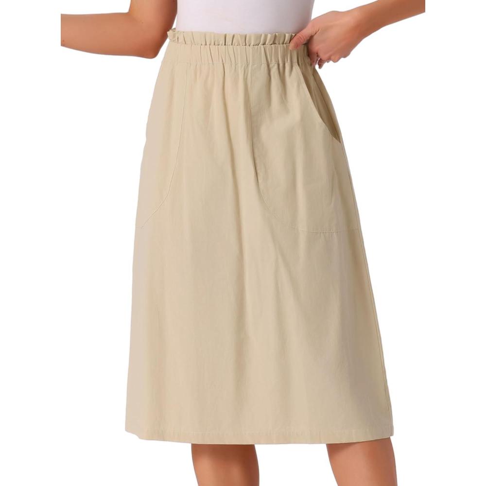 imageAllegra K Womens Cotton ALine Skirt Elastic Waist Casual Peasant Midi Skirts with PocketsKhaki