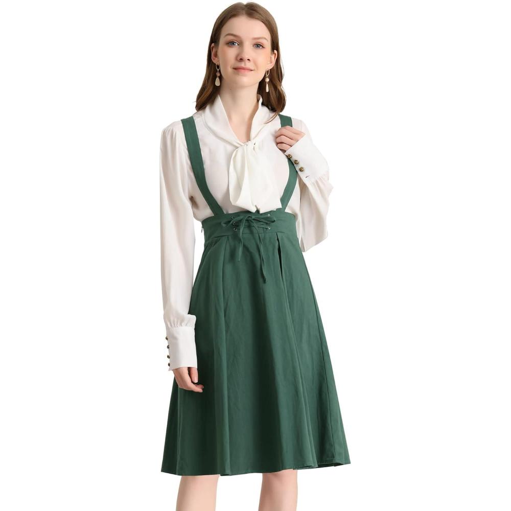 imageAllegra K Womens Cute Suspender Skirt High Waist Overall Corset Skater Skirt Short Mini DressDark Green