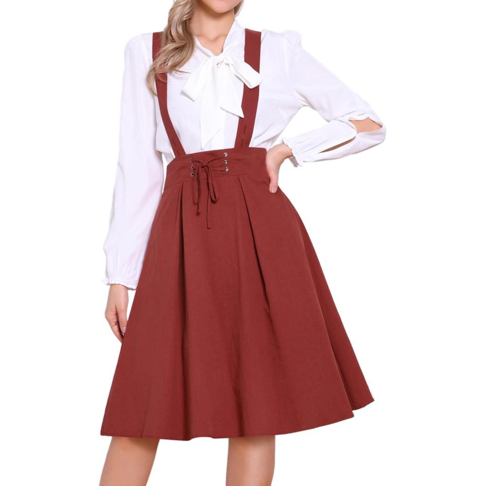imageAllegra K Womens Cute Suspender Skirt High Waist Overall Corset Skater Skirt Short Mini DressDark Red