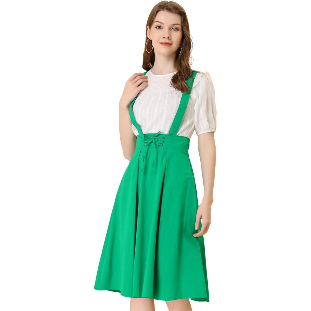 imageAllegra K Womens Cute Suspender Skirt High Waist Overall Corset Skater Skirt Short Mini DressGreen