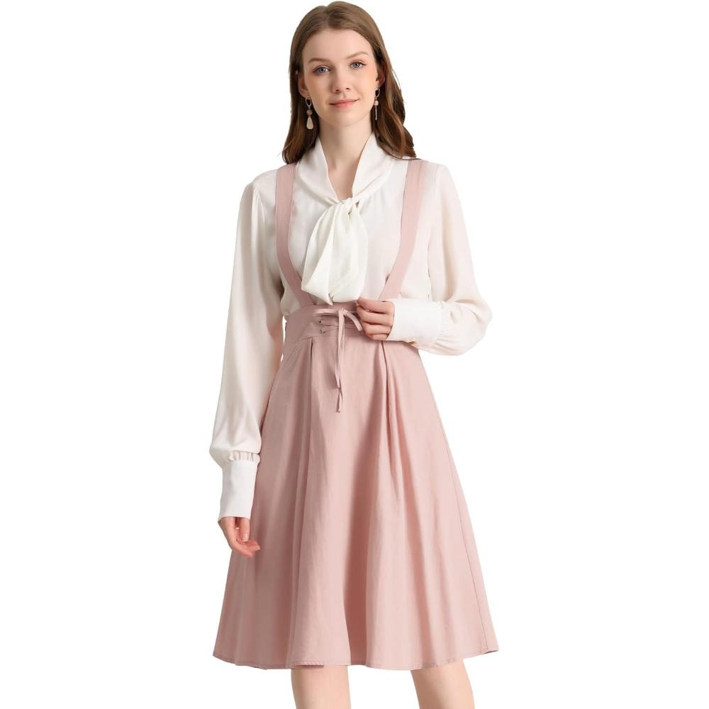imageAllegra K Womens Cute Suspender Skirt High Waist Overall Corset Skater Skirt Short Mini DressLight Pink