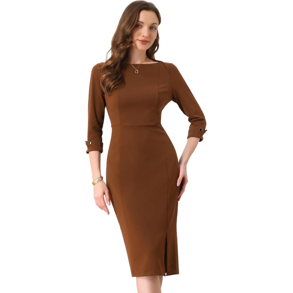 imageAllegra K Womens Elegant Boat Neck 34 Sleeves 2025 Wear to Work Midi Split Sheath DressBrown