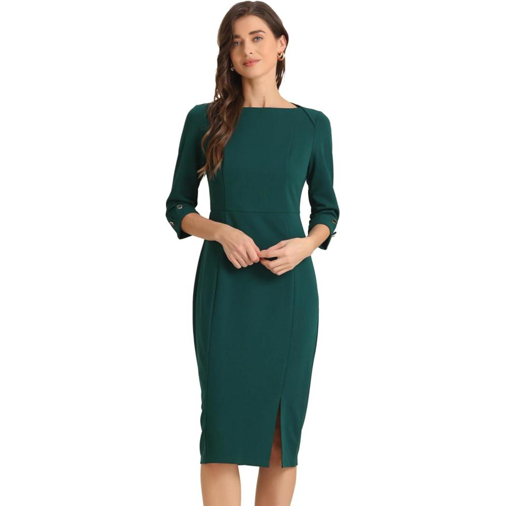 imageAllegra K Womens Elegant Boat Neck 34 Sleeves 2025 Wear to Work Midi Split Sheath DressDeep Green