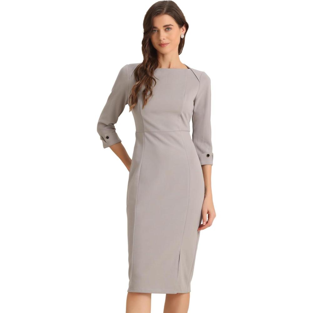 imageAllegra K Womens Elegant Boat Neck 34 Sleeves 2025 Wear to Work Midi Split Sheath DressGrey