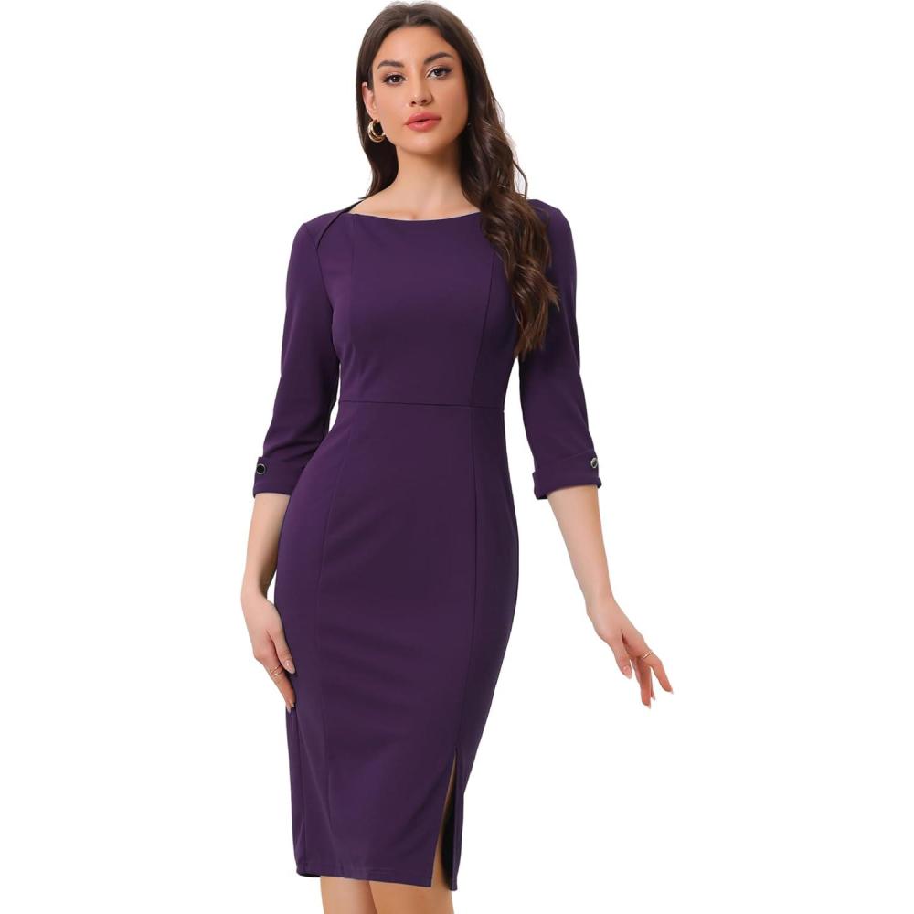 imageAllegra K Womens Elegant Boat Neck 34 Sleeves 2025 Wear to Work Midi Split Sheath DressPurple