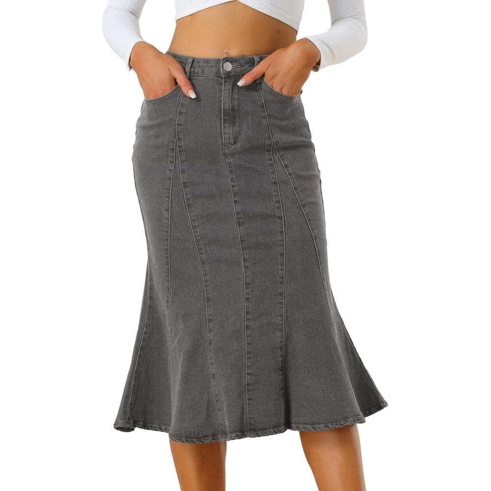 imageAllegra K Womens Ruffle Denim Skirt Midi Bodycon High Waist Fishtail Jean SkirtsBlack Gray