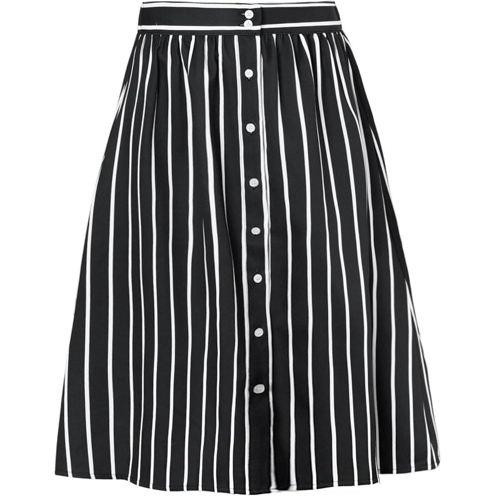 imageAllegra K Womens Striped Button Front Elastic Back Waist ALine Midi SkirtBlack