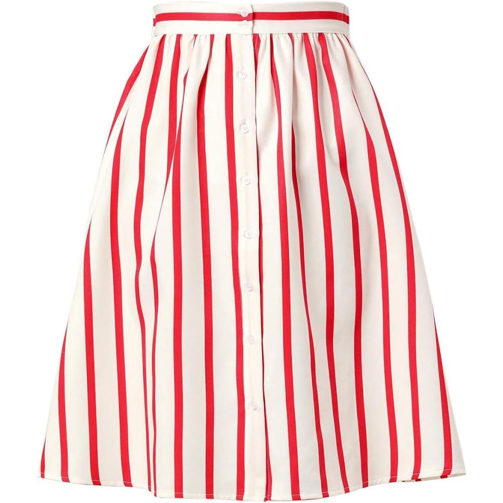 imageAllegra K Womens Striped Button Front Elastic Back Waist ALine Midi SkirtRed