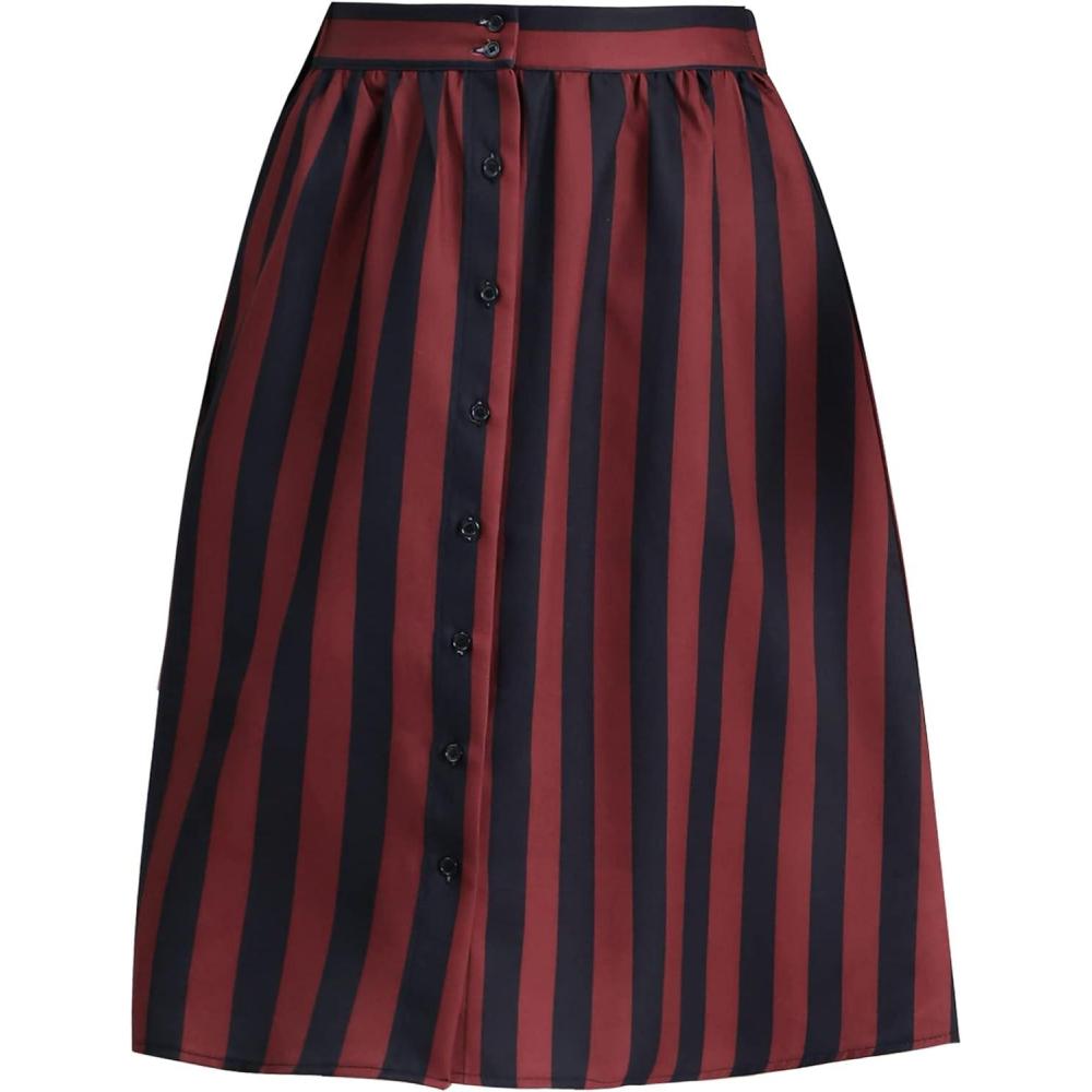 imageAllegra K Womens Striped Button Front Elastic Back Waist ALine Midi SkirtRed Black