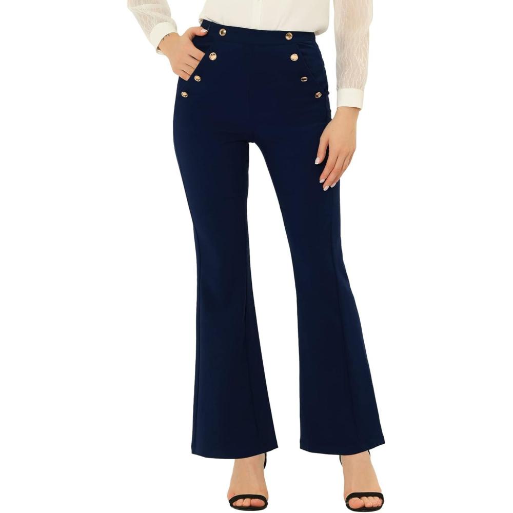 imageAllegra K Work Trousers for Womens Button Decor High Waisted Bell Bottom Pants