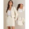 imageAllegra K 2 Piece Tweed Plaid Skirt Set for Womens Business Collarless Blazer and Mini Skirt Suit SetsWhite