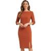 imageAllegra K Womens Elegant Boat Neck 34 Sleeves 2025 Wear to Work Midi Split Sheath DressCaramel