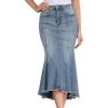 imageAllegra K Womens Washed Fishtail Denim Skirt High Waist Raw Hem Fashion Casual Midi Jean Skirts with PocketsGrey Blue
