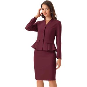 imageAllegra K 2 Piece Skirt Sets for Women Long Sleeve Blazer and Pencil Skirt Business SuitsBurgundy