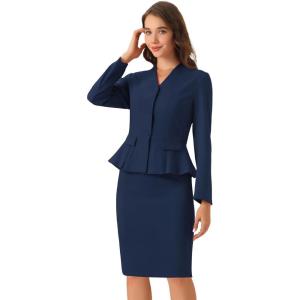 imageAllegra K 2 Piece Skirt Sets for Women Long Sleeve Blazer and Pencil Skirt Business SuitsDark Blue