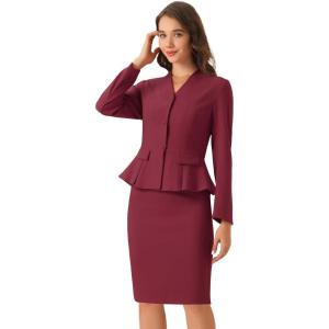 imageAllegra K 2 Piece Skirt Sets for Women Long Sleeve Blazer and Pencil Skirt Business SuitsDark Red
