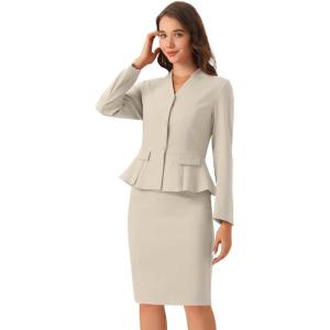 imageAllegra K 2 Piece Skirt Sets for Women Long Sleeve Blazer and Pencil Skirt Business SuitsGray Beige