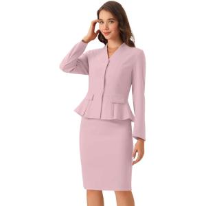imageAllegra K 2 Piece Skirt Sets for Women Long Sleeve Blazer and Pencil Skirt Business SuitsPink