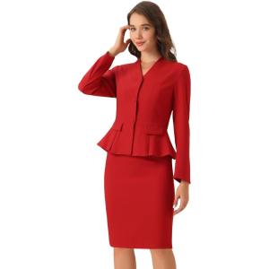 imageAllegra K 2 Piece Skirt Sets for Women Long Sleeve Blazer and Pencil Skirt Business SuitsRed
