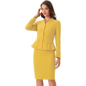 imageAllegra K 2 Piece Skirt Sets for Women Long Sleeve Blazer and Pencil Skirt Business SuitsYellow
