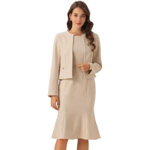imageAllegra K 2 Piece Suit Dress Set for Womens Business Sleeveless Dress and Crop BlazerBeige