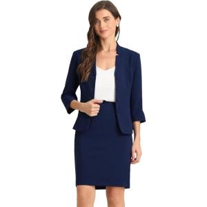 imageAllegra K 2 Piece Suit Skirt Set for Womens Notched Collar Casual Business Skirt Suit Set and Blazer Pencil SkirtsDark Blue