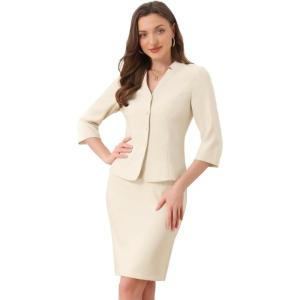 imageAllegra K 2 Piece Suit Skirt Set for Womens Notched Collar Casual Business Skirt Suit Set and Blazer Pencil SkirtsLight Khaki