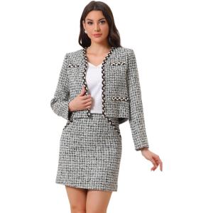 imageAllegra K 2 Piece Tweed Plaid Skirt Set for Womens Business Collarless Blazer and Mini Skirt Suit SetsBlack
