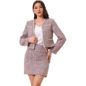 imageAllegra K 2 Piece Tweed Plaid Skirt Set for Womens Business Collarless Blazer and Mini Skirt Suit SetsPink Purple