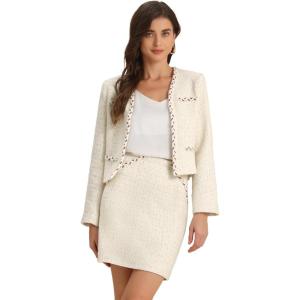 imageAllegra K 2 Piece Tweed Plaid Skirt Set for Womens Business Collarless Blazer and Mini Skirt Suit SetsWhite