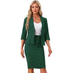 imageAllegra K Business Skirt Suit Set for Womens 2 Piece Office Work Outfit Collarless Blazer Pencil SkirtDark Green