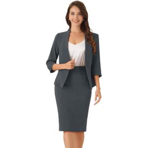 imageAllegra K Business Skirt Suit Set for Womens 2 Piece Office Work Outfit Collarless Blazer Pencil SkirtDark Grey