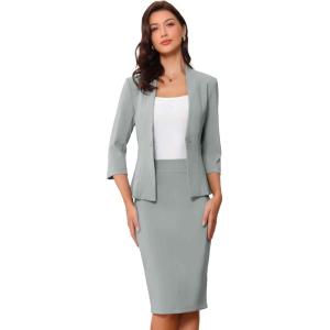 imageAllegra K Business Skirt Suit Set for Womens 2 Piece Office Work Outfit Collarless Blazer Pencil SkirtGray