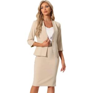 imageAllegra K Business Skirt Suit Set for Womens 2 Piece Office Work Outfit Collarless Blazer Pencil SkirtKhaki
