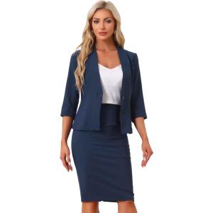 imageAllegra K Business Skirt Suit Set for Womens 2 Piece Office Work Outfit Collarless Blazer Pencil SkirtNavy Blue