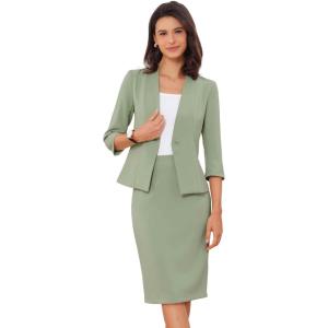 imageAllegra K Business Skirt Suit Set for Womens 2 Piece Office Work Outfit Collarless Blazer Pencil SkirtPea Green