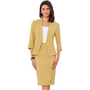 imageAllegra K Business Skirt Suit Set for Womens 2 Piece Office Work Outfit Collarless Blazer Pencil SkirtYellow